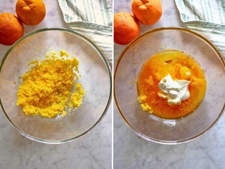 Orange zest rubbed with sugar in a bowl with eggs, olive oil, and yogurt.