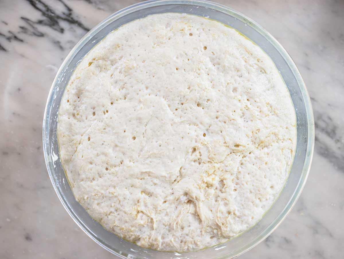 Proofed focaccia dough in a bowl.