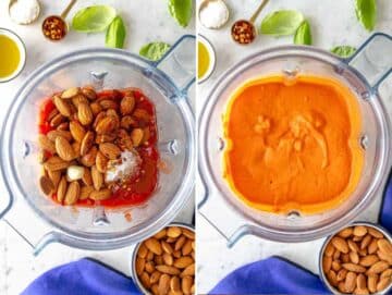 Roasted red pepper sauce before and after blending.