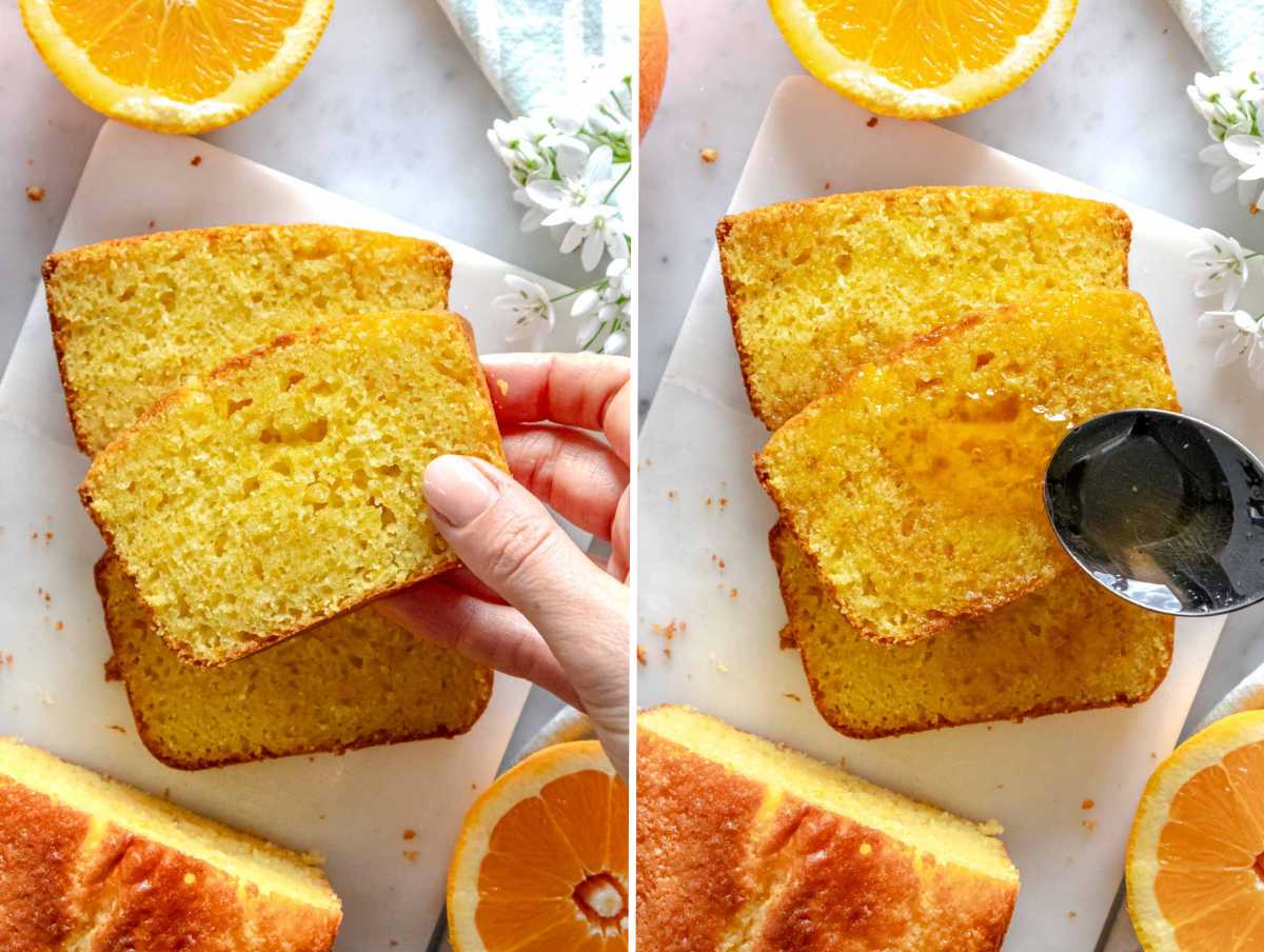 Slices of orange cake with and without orange syrup.