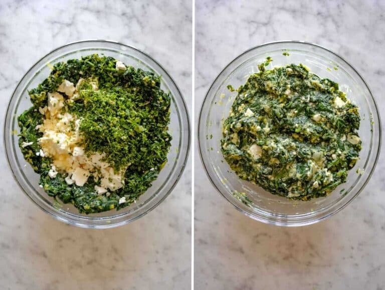 Spinach mixed with feta, eggs, and herbs for the spanakopita filling.