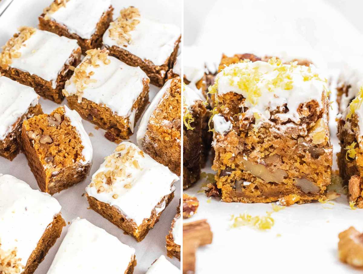 Squares of vegan carrot cake.