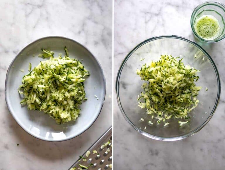 Squeezing the water out of grated cucumber.