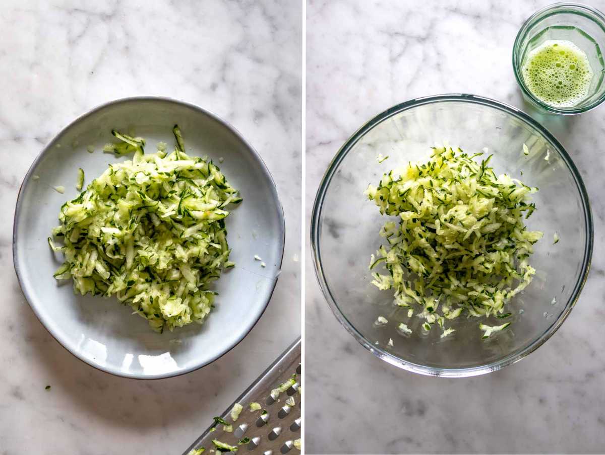 Squeezing the water out of grated cucumber.