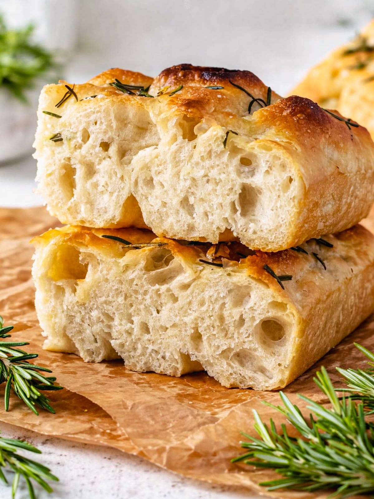 Stacked golden baked focaccia squares with crisp edges, airy crumb, and olive oil sheen.