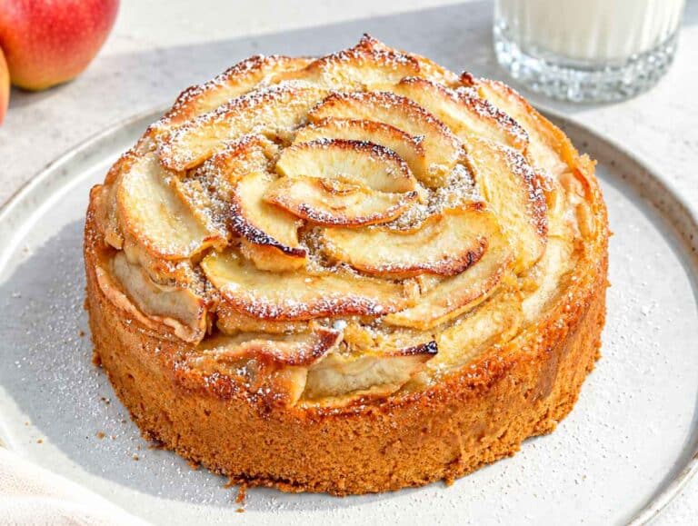 Step 4 Golden vegan apple cake cooling on a plate with baked apple topping.