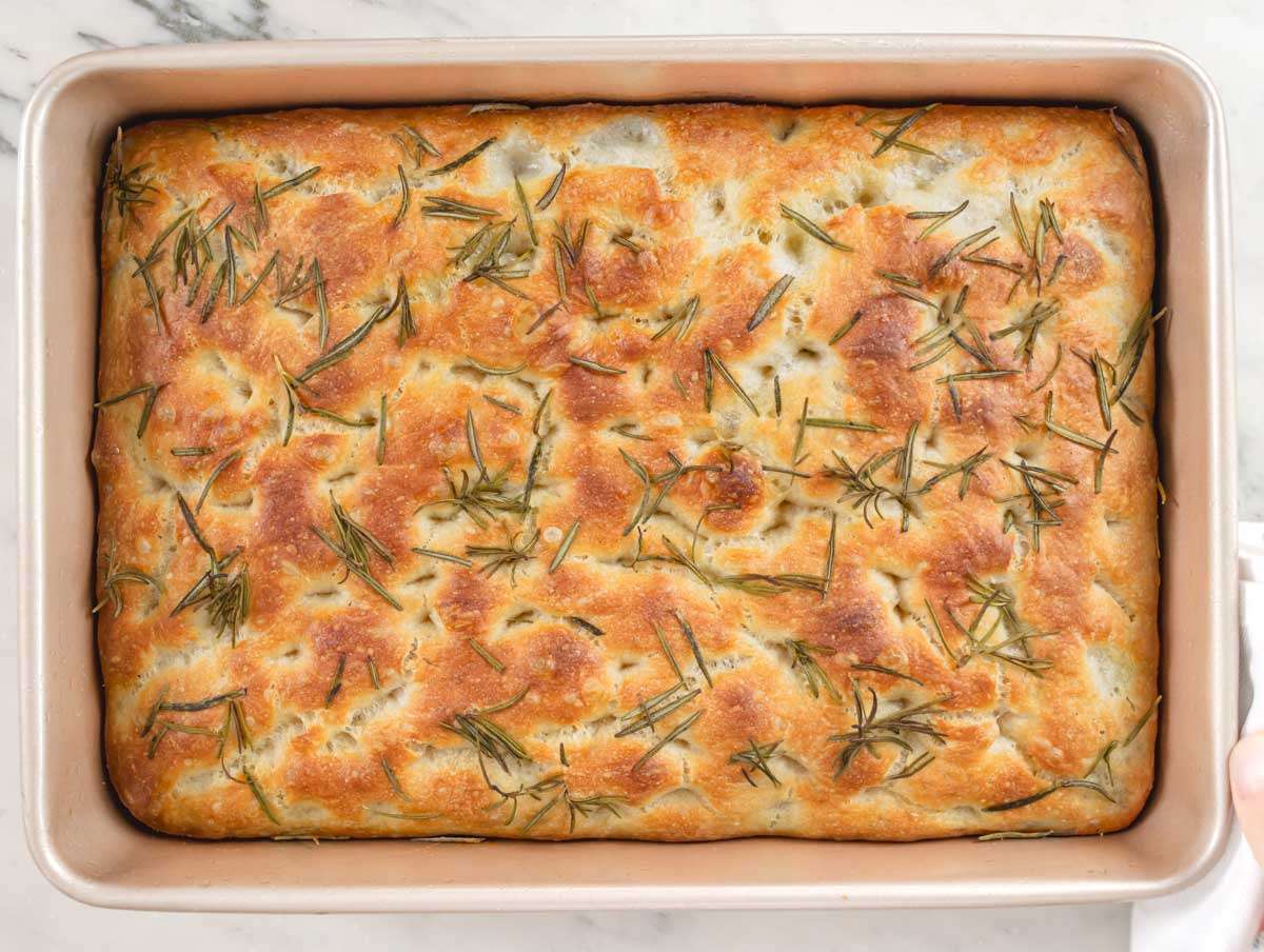 Step 7 Focaccia baked in oven until golden and puffed.