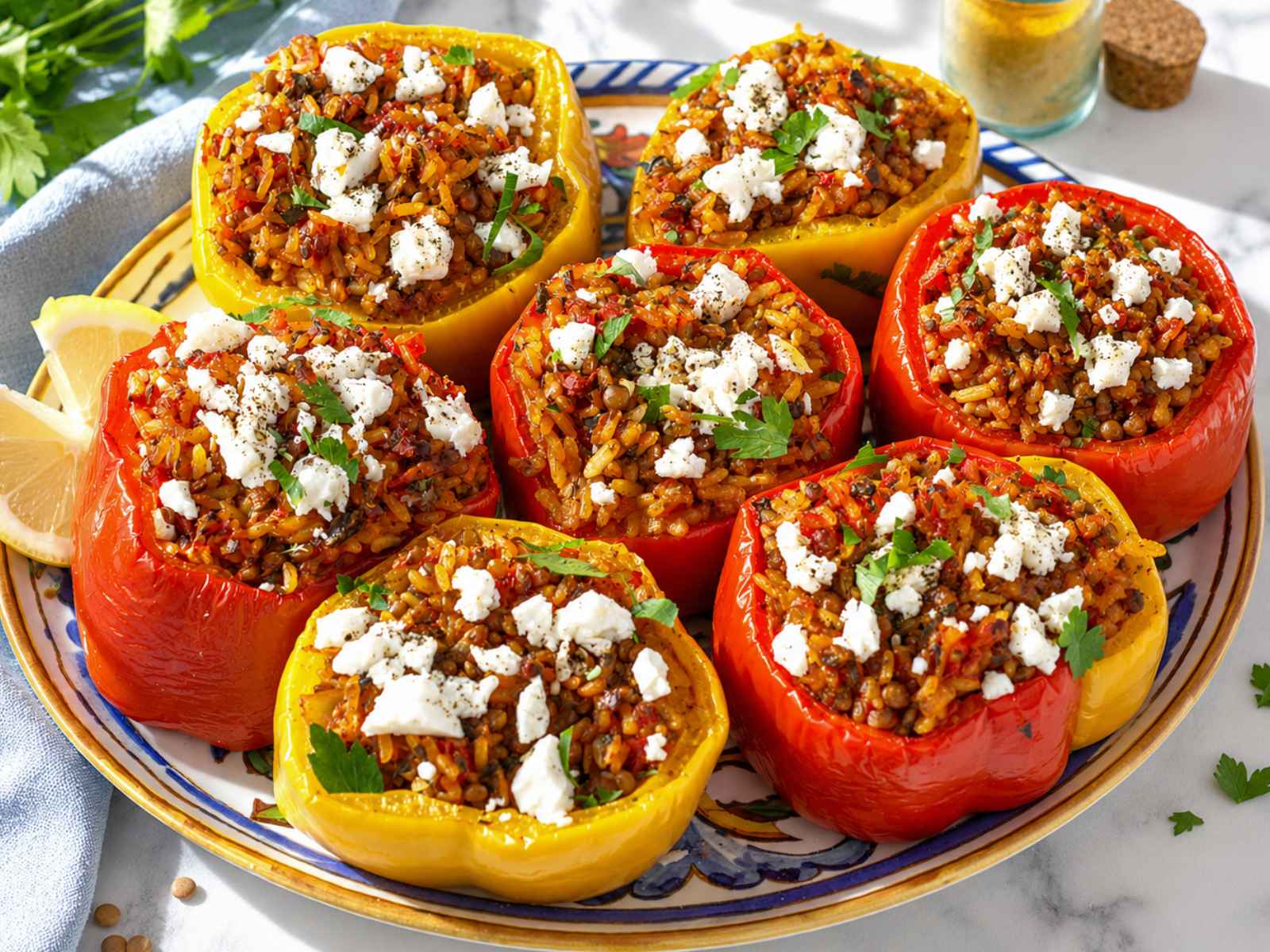 Stuffed Mediterranean diet peppers with rice and lentils on a plate.