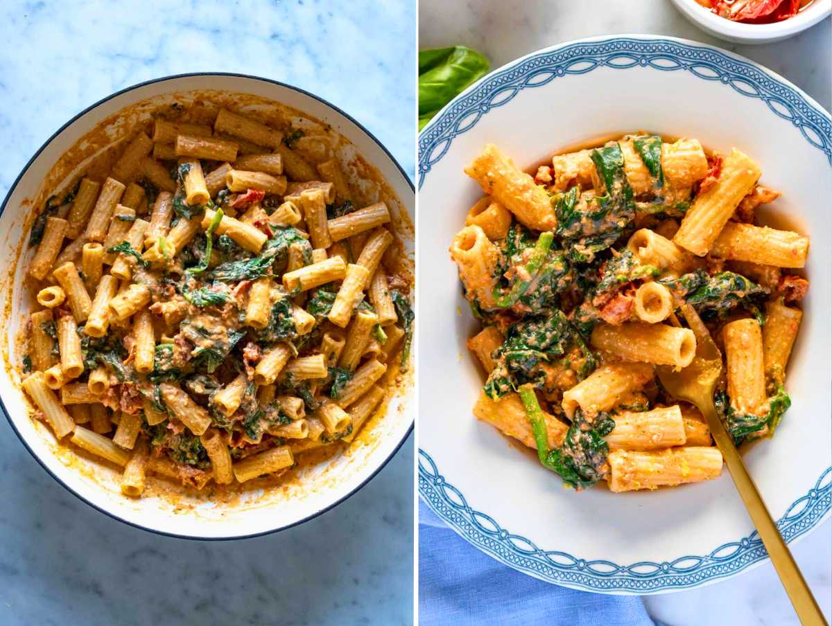 Sun-dried tomato pasta in a skillet and on a plate