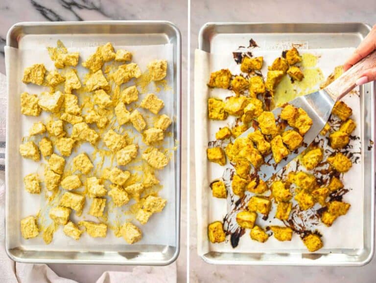 Tofu baked in the oven with the yogurt marinade.