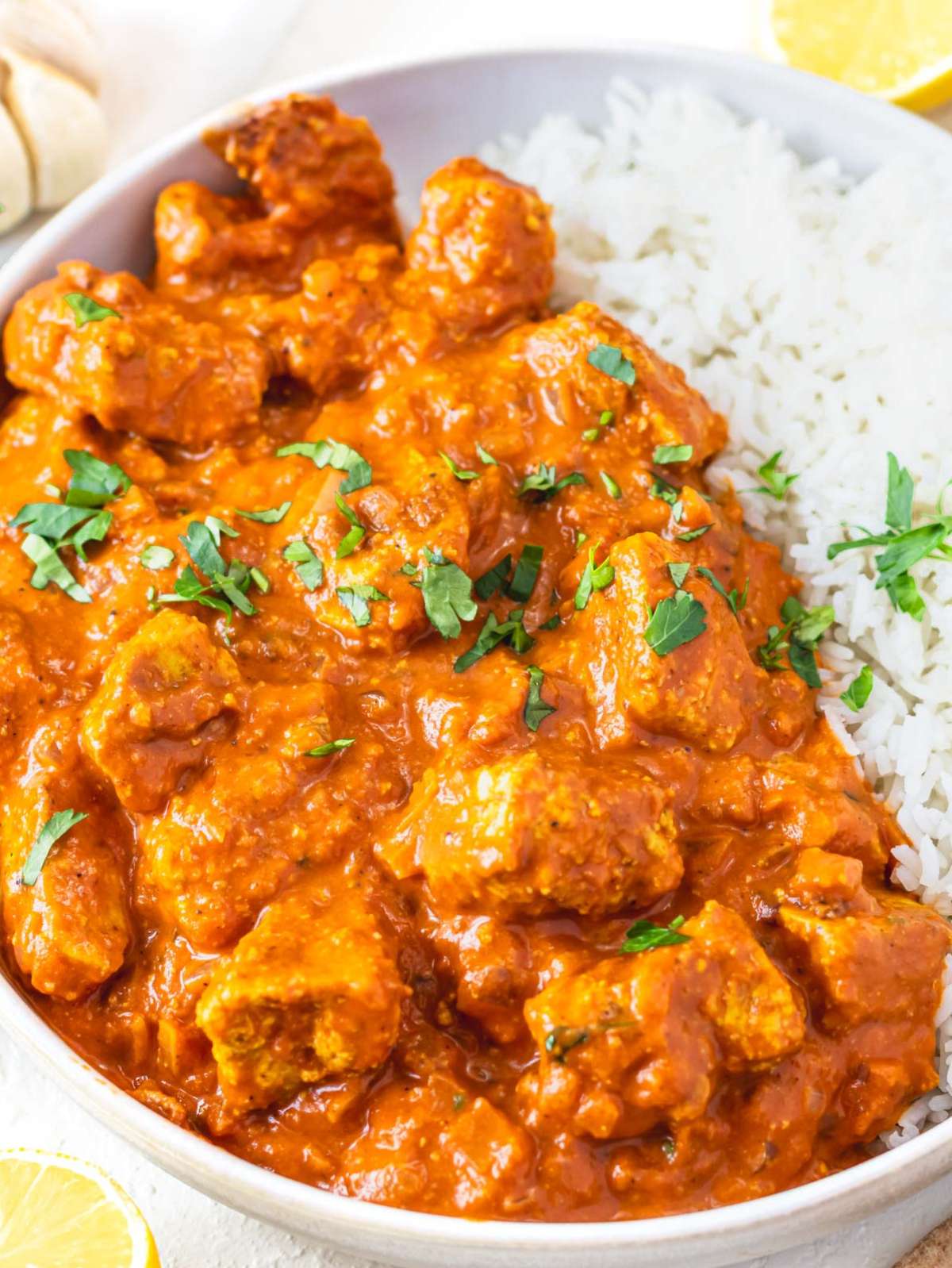Tofu tikka masala with basmati rice.