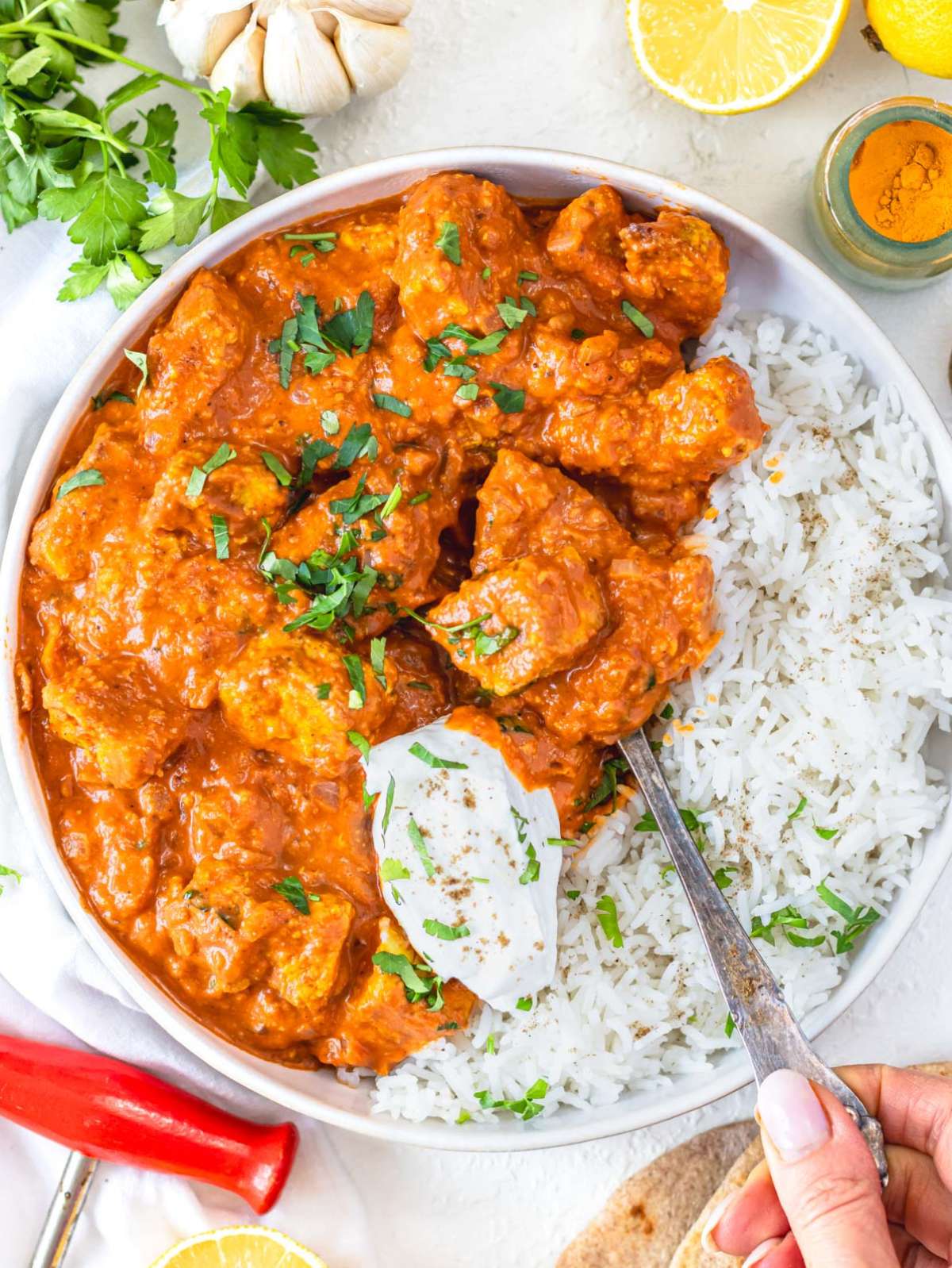 Tofu tikka masala with yogurt, basmati rice, and lemon juice.