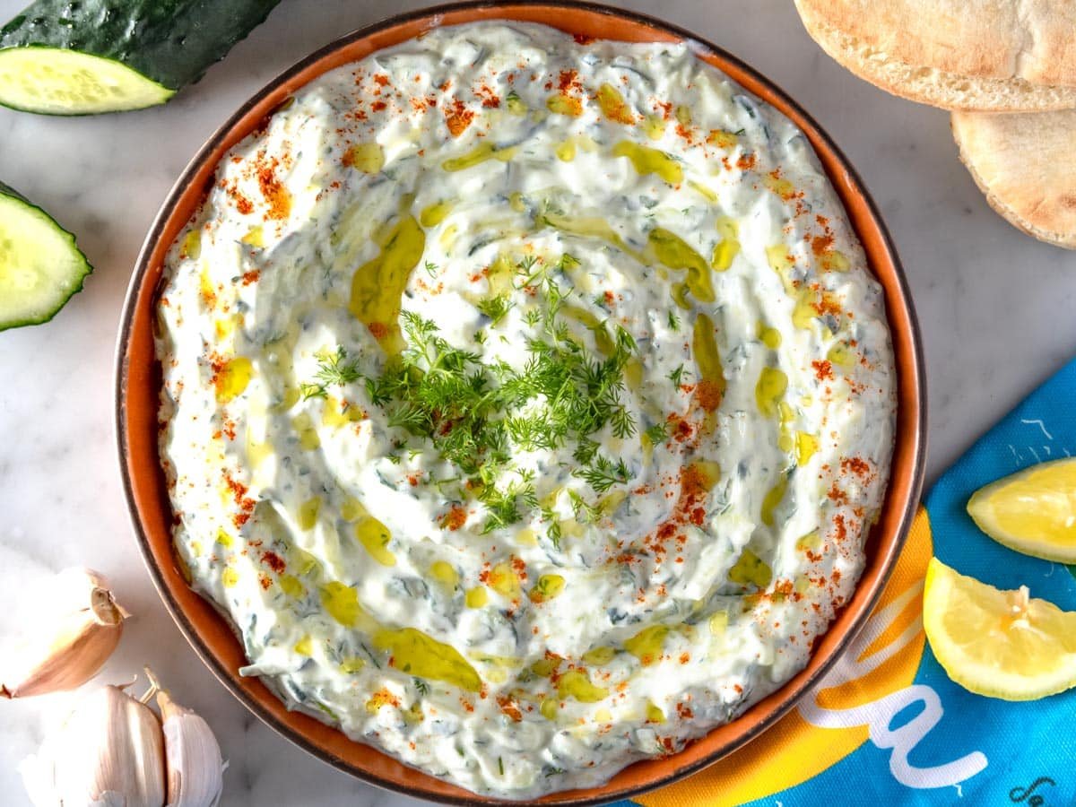 Greek tzatziki on a serving platter.