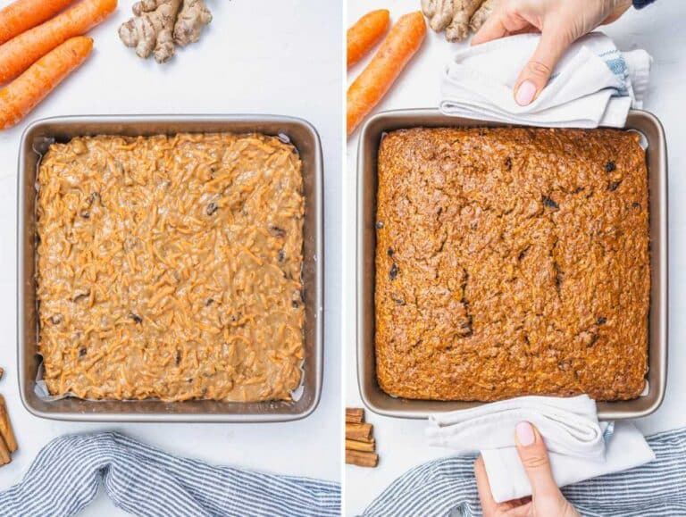 Vegan carrot cake before and after baking.