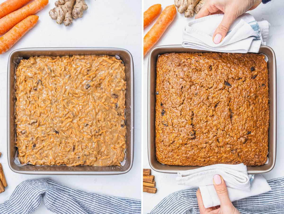 Vegan carrot cake before and after baking.