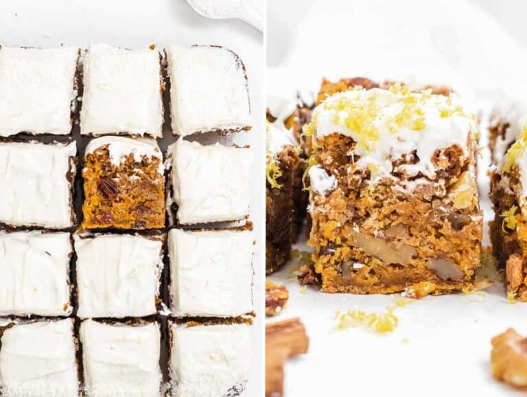 Vegan carrot cake with frosting cut into squares.