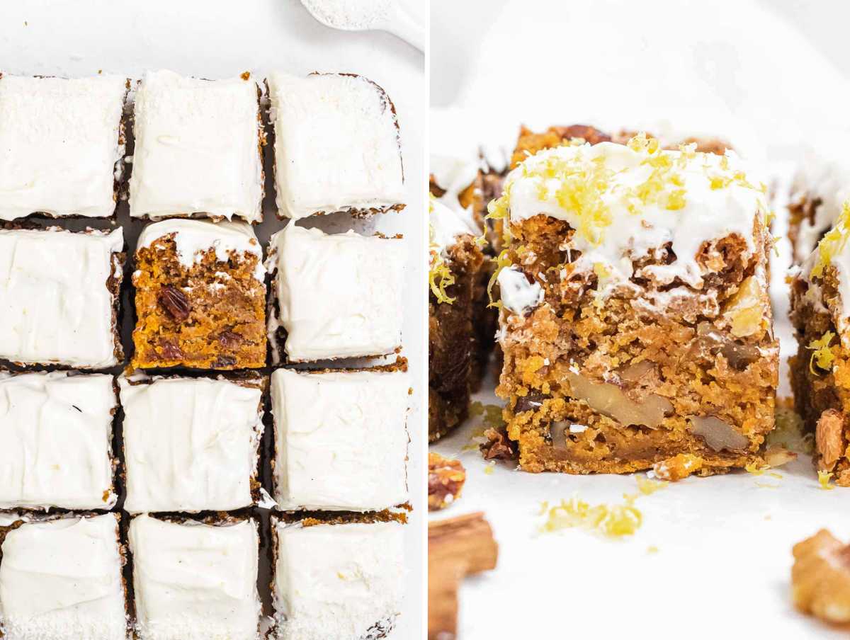 Vegan carrot cake with frosting cut into squares.