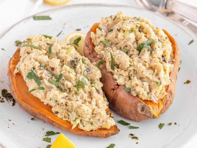 Vegan tuna in a microwaved sweet potato.