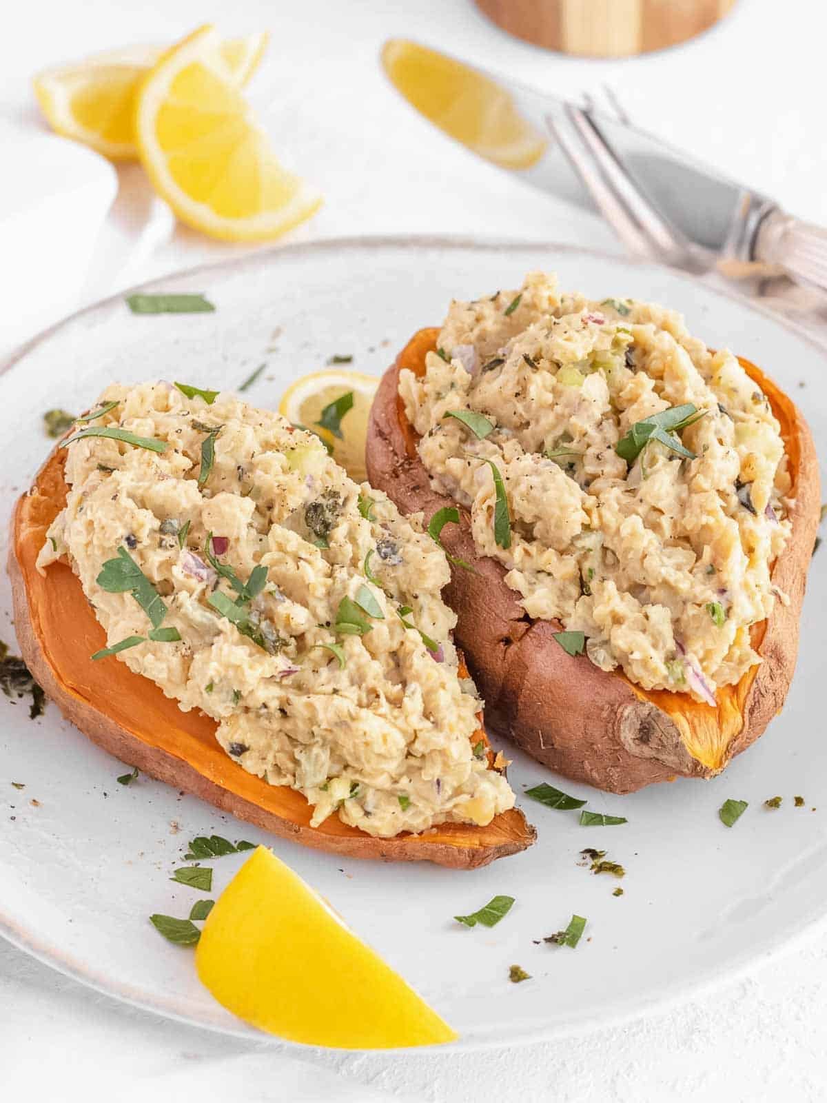 Vegan tuna used to stuff a microwaved sweet potato.