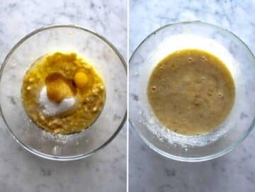 Wet ingredients whisked in a bowl.