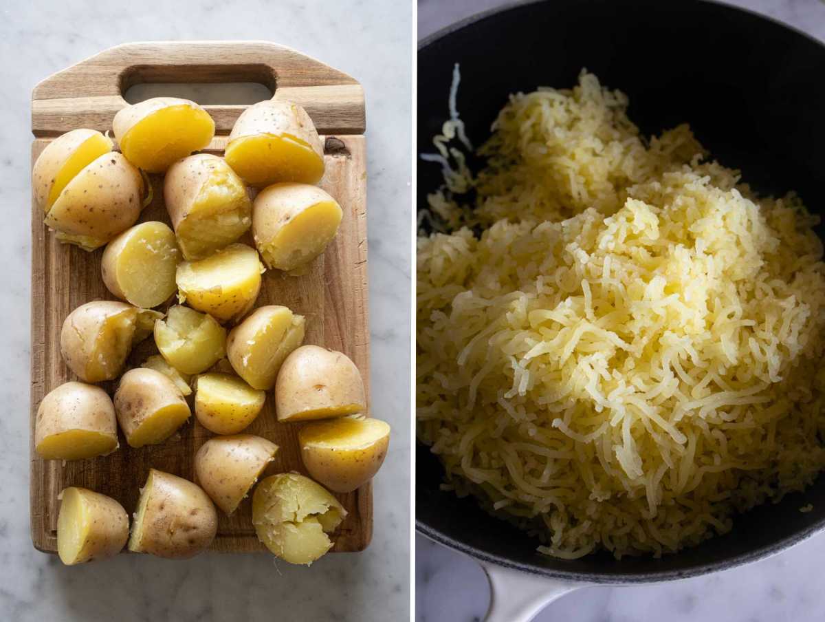 Boiled potatoes mashed into a potato ricer.