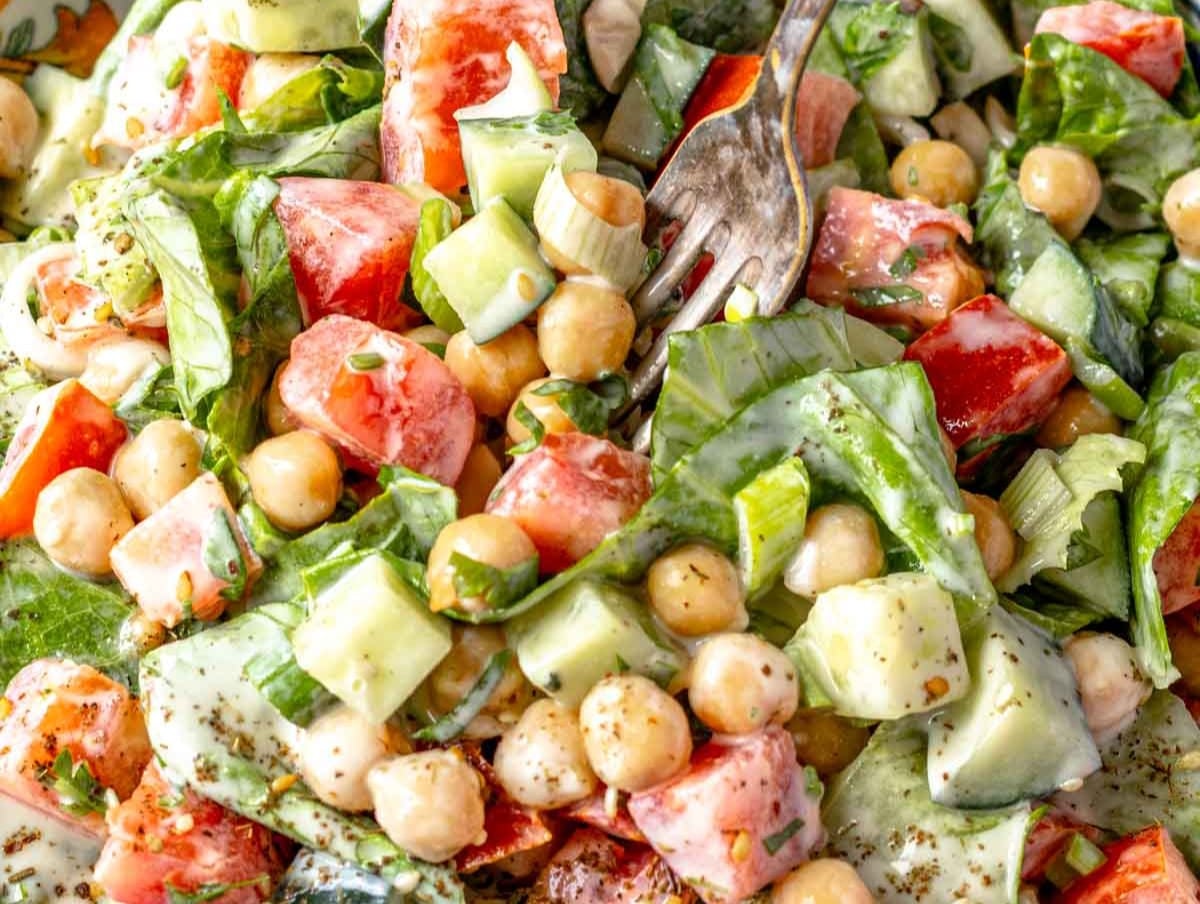 Bright chopped chickpea salad with creamy dressing and fresh herbs perfect for an easy healthy lunch.
