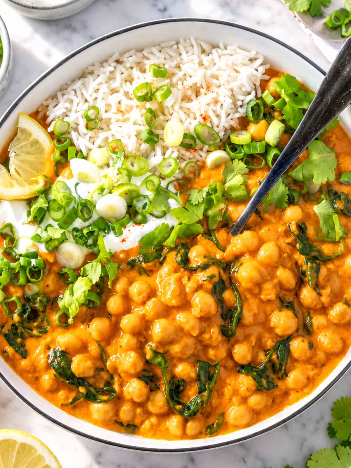 Chickpea curry with spinach in a creamy tomato and coconut sauce.