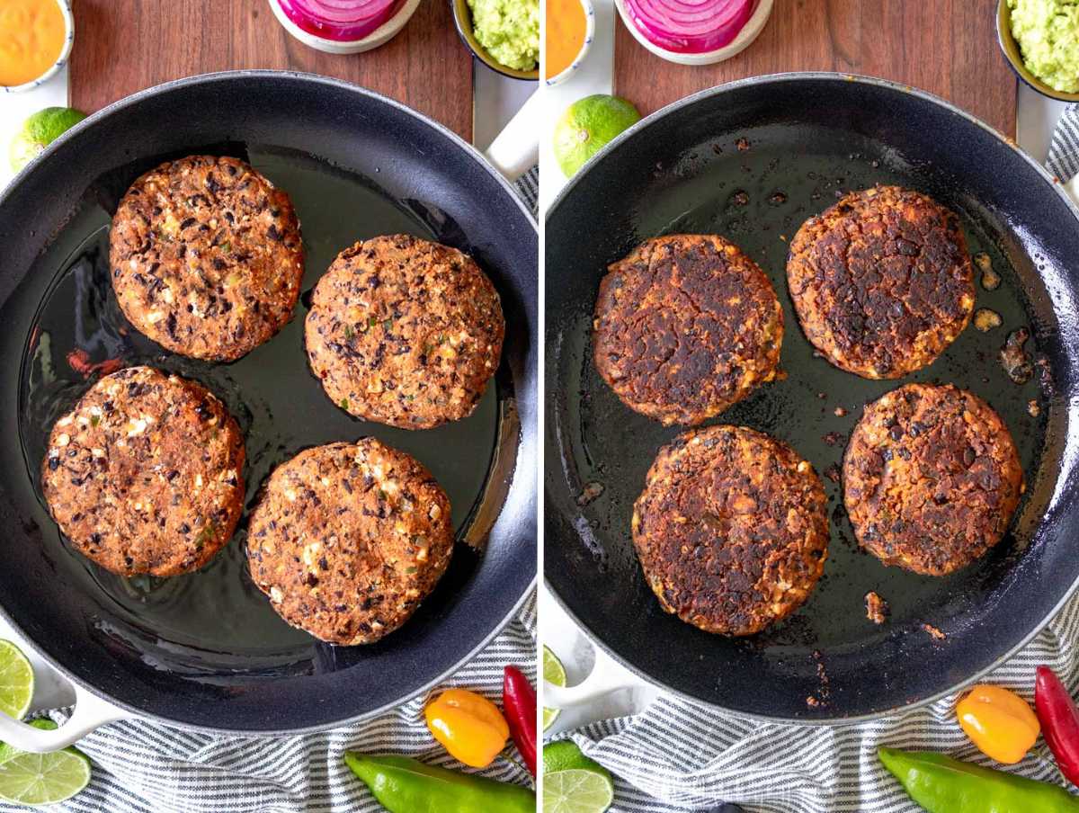 Cooking patties on a cast iron skillet.