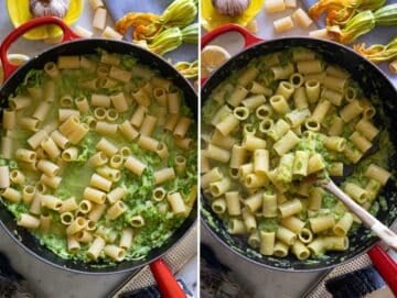 Cooking the pasta in the same skillet with the zucchini.
