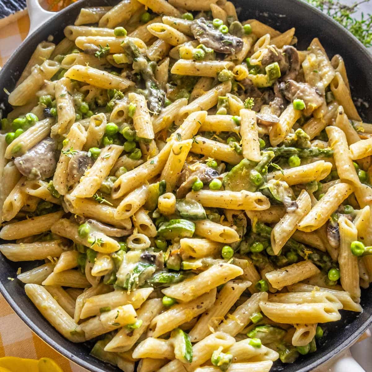 Creamy pasta primavera.