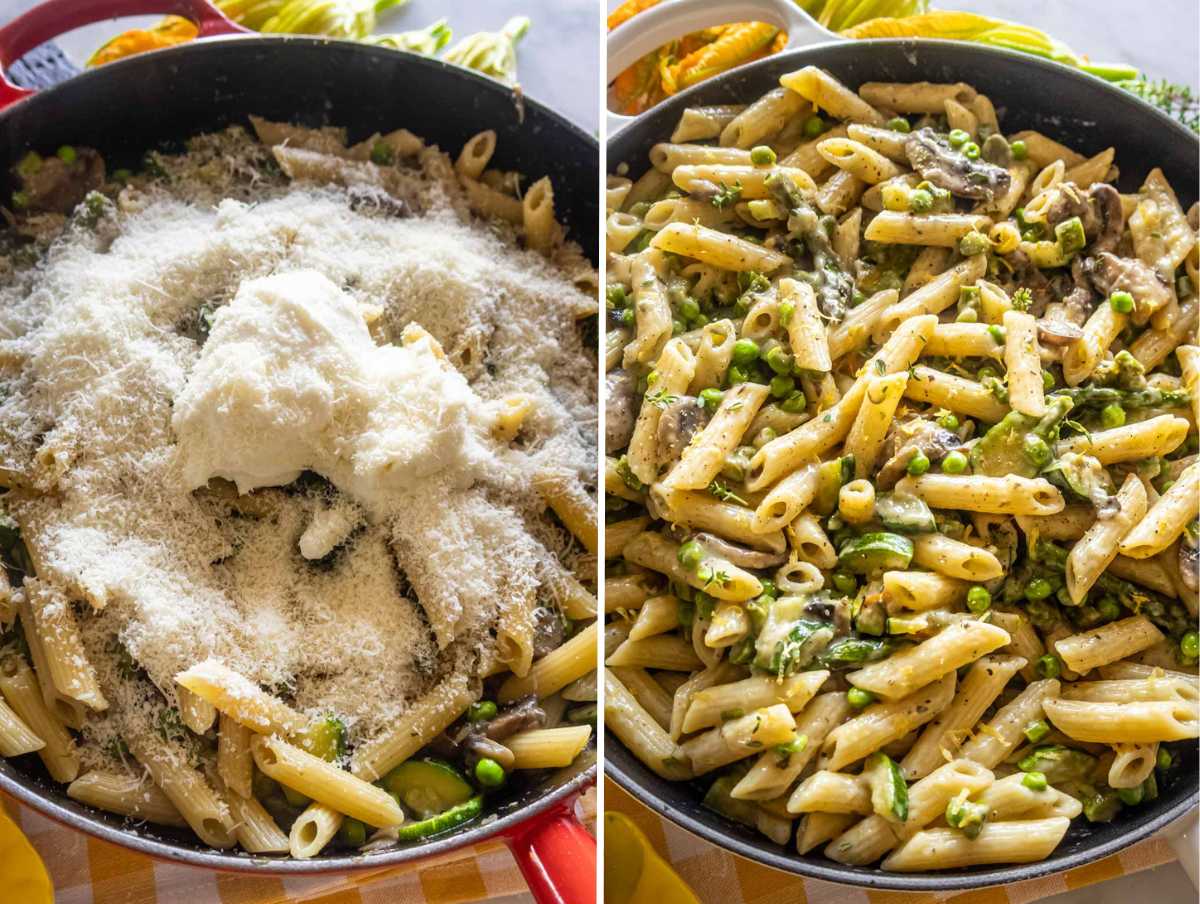 Grated parmesan and yogurt mixed with pasta primavera.