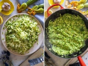 Grated zucchini sautéed in a skillet with garlic and onion.