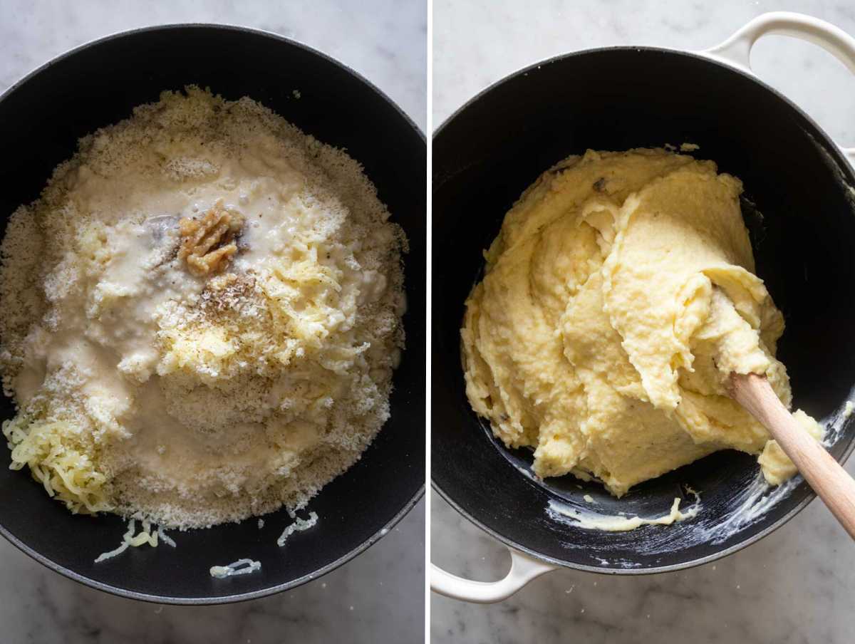 Mashed potatoes mixed with roasted garlic, parmesan, cream, and butter.