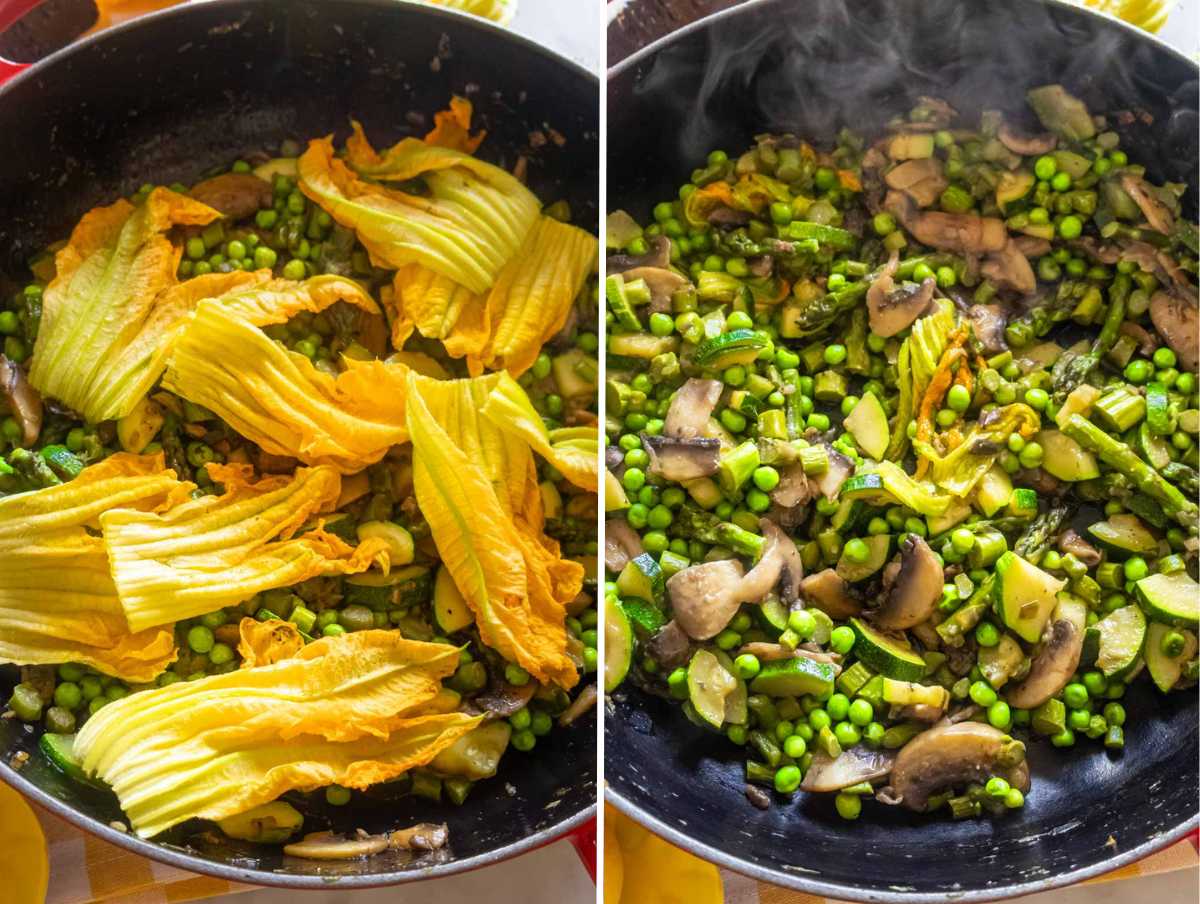 Sautéed vegetables for pasta primavera in a skillet.