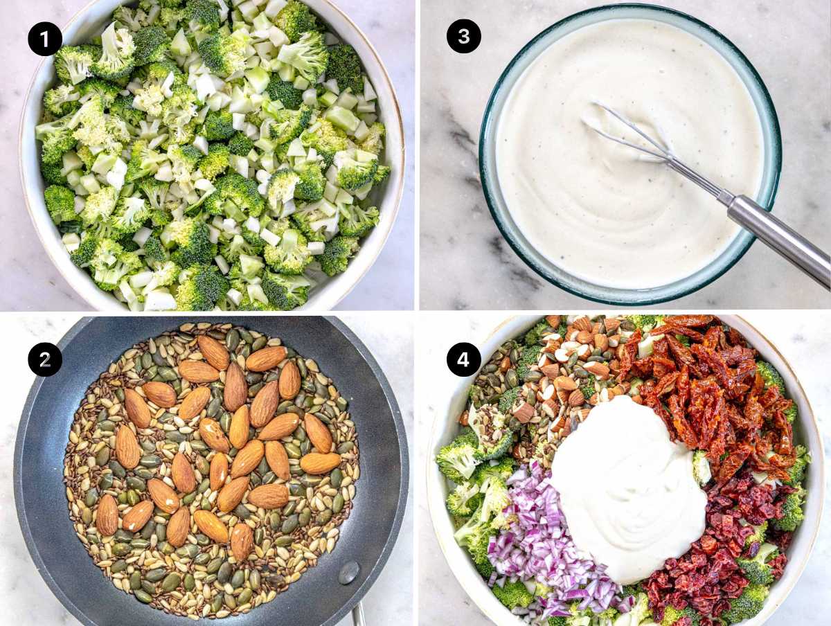 Step-by-step pictures for making broccoli salad.