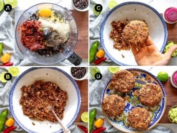 Steps showing how to shape mixture into burger patties.