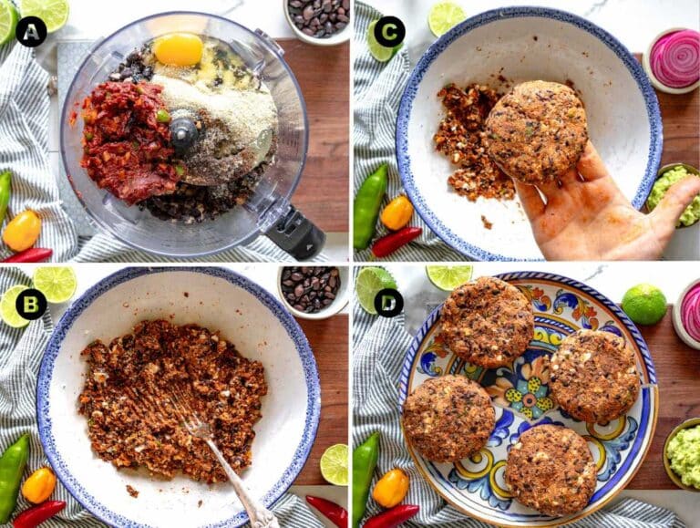 Steps showing how to shape mixture into burger patties.