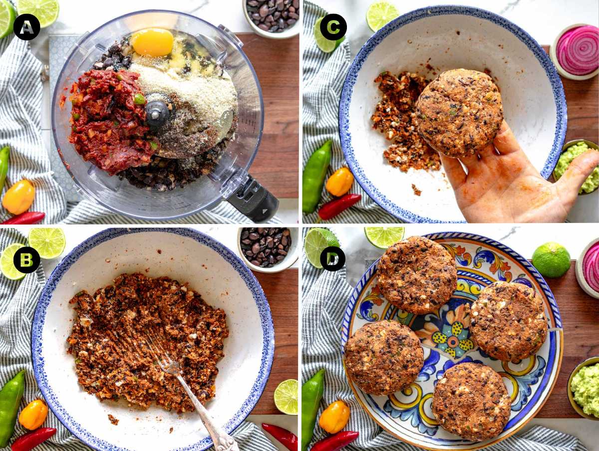 Steps showing how to shape mixture into burger patties.