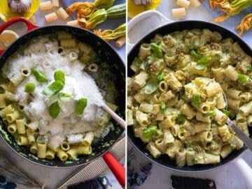 Zucchini pasta tossed with parmesan, pecorino, and greek yogurt.