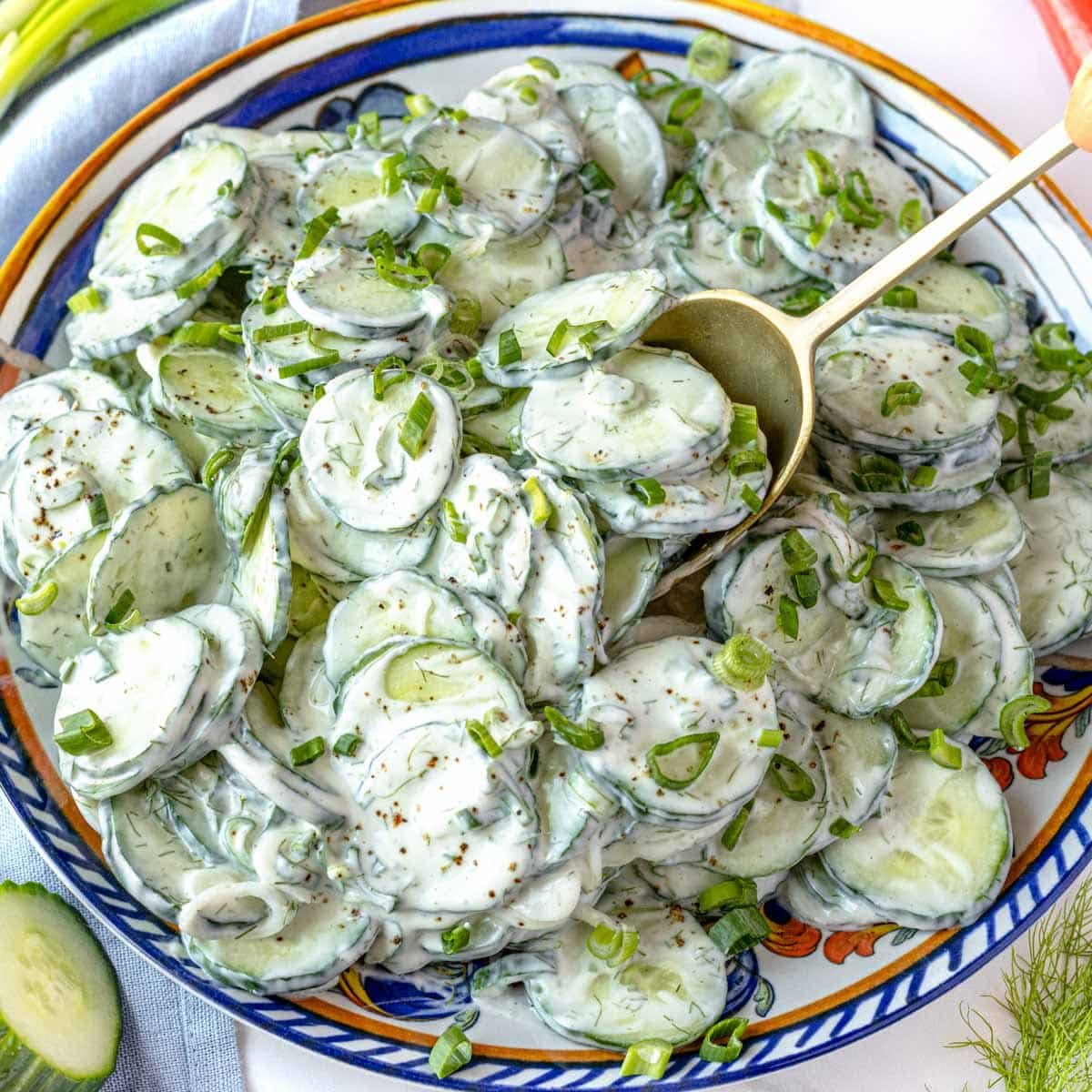 Creamy cucumber salad recipe.