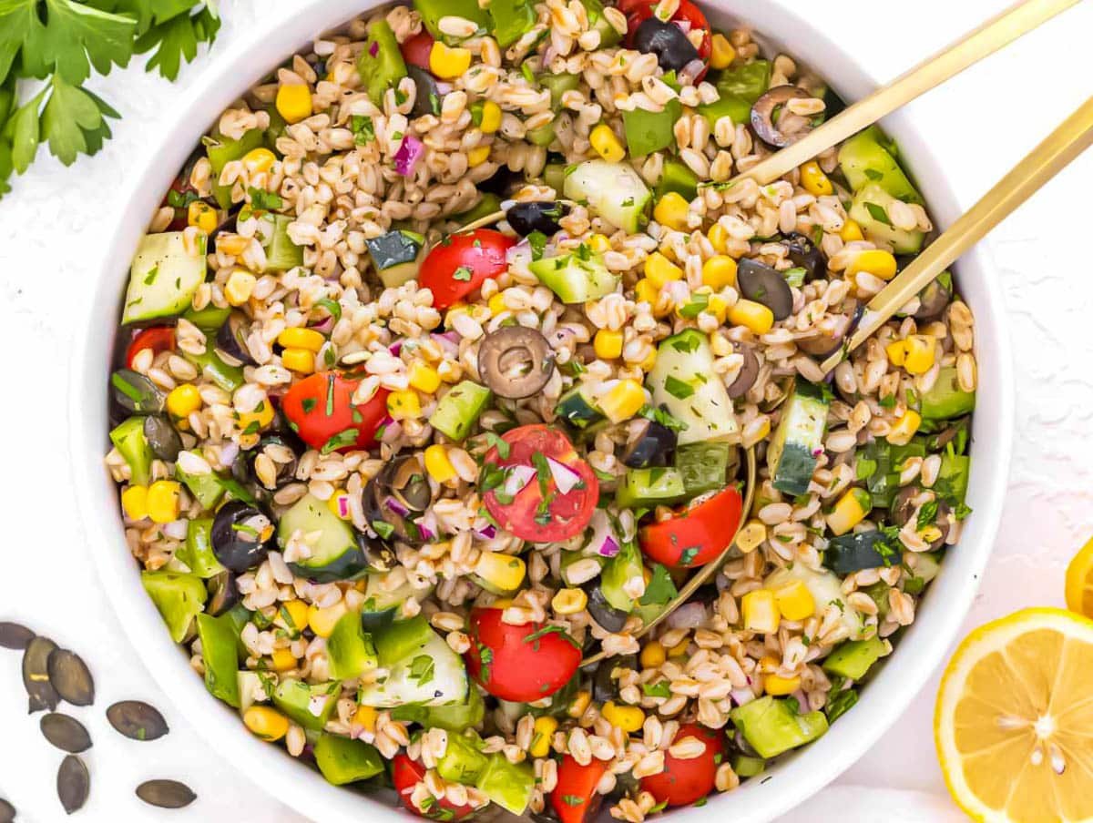 Farro salad in a bowl.
