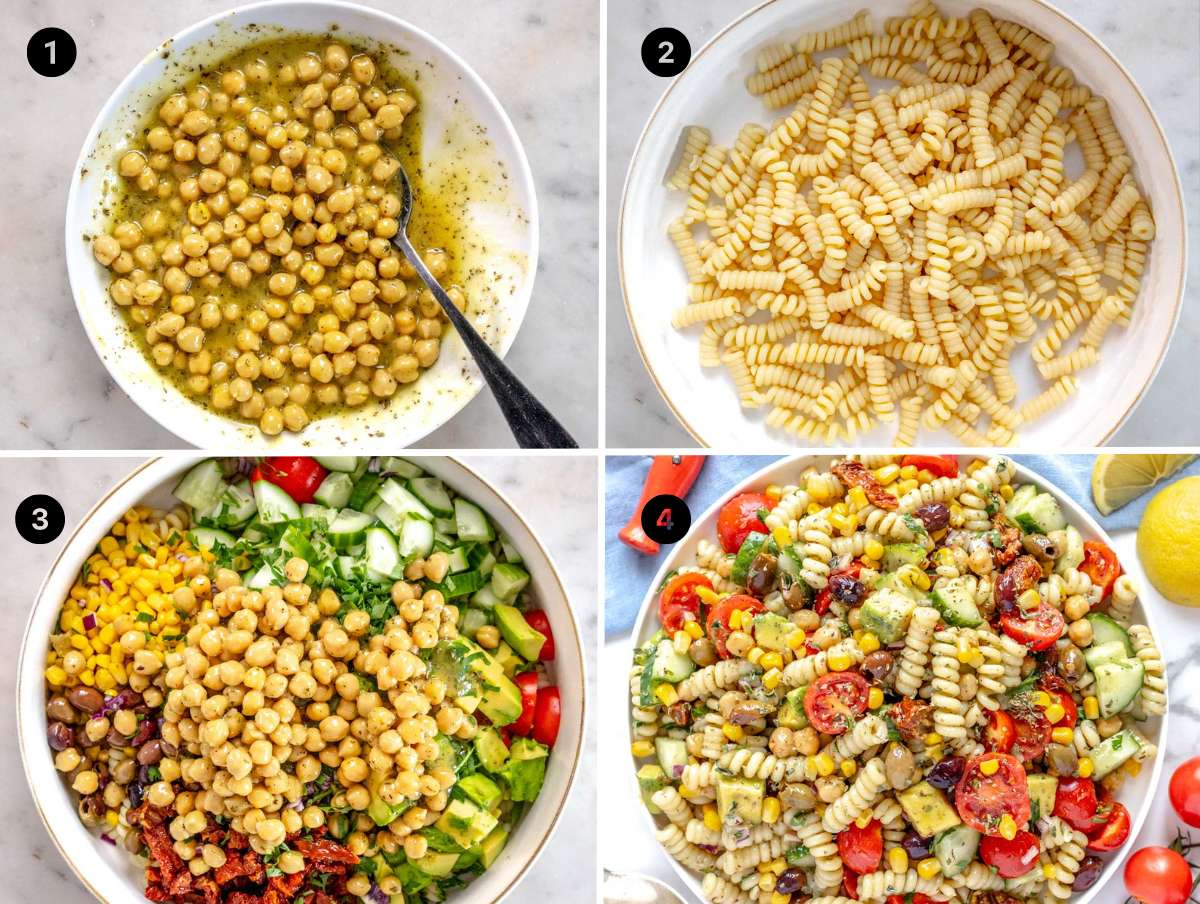 Four steps pictures to making pasta salad, from the dressing, to pasta cooking, to vegetables.