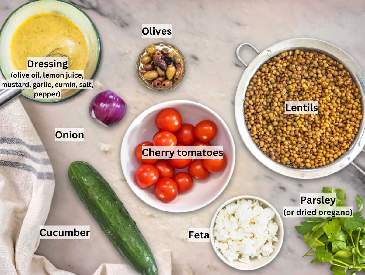 Ingredients for lentil salad on a marble table.