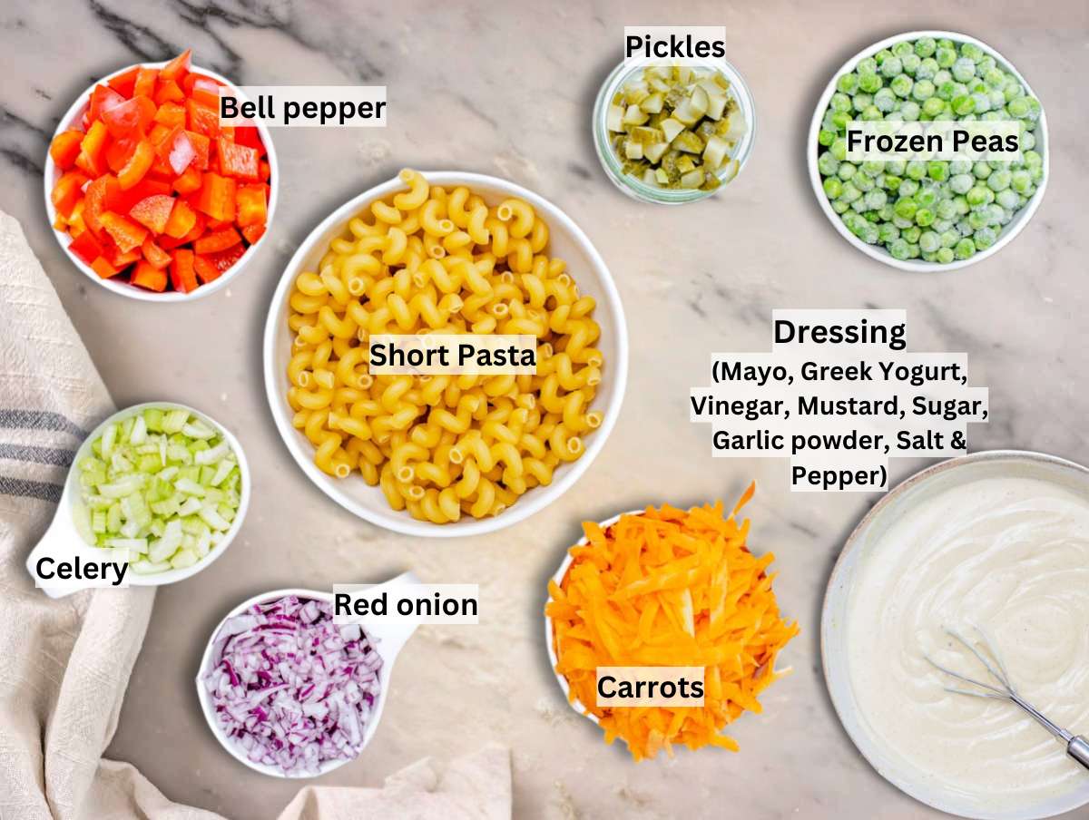 Ingredients for macaroni salad.