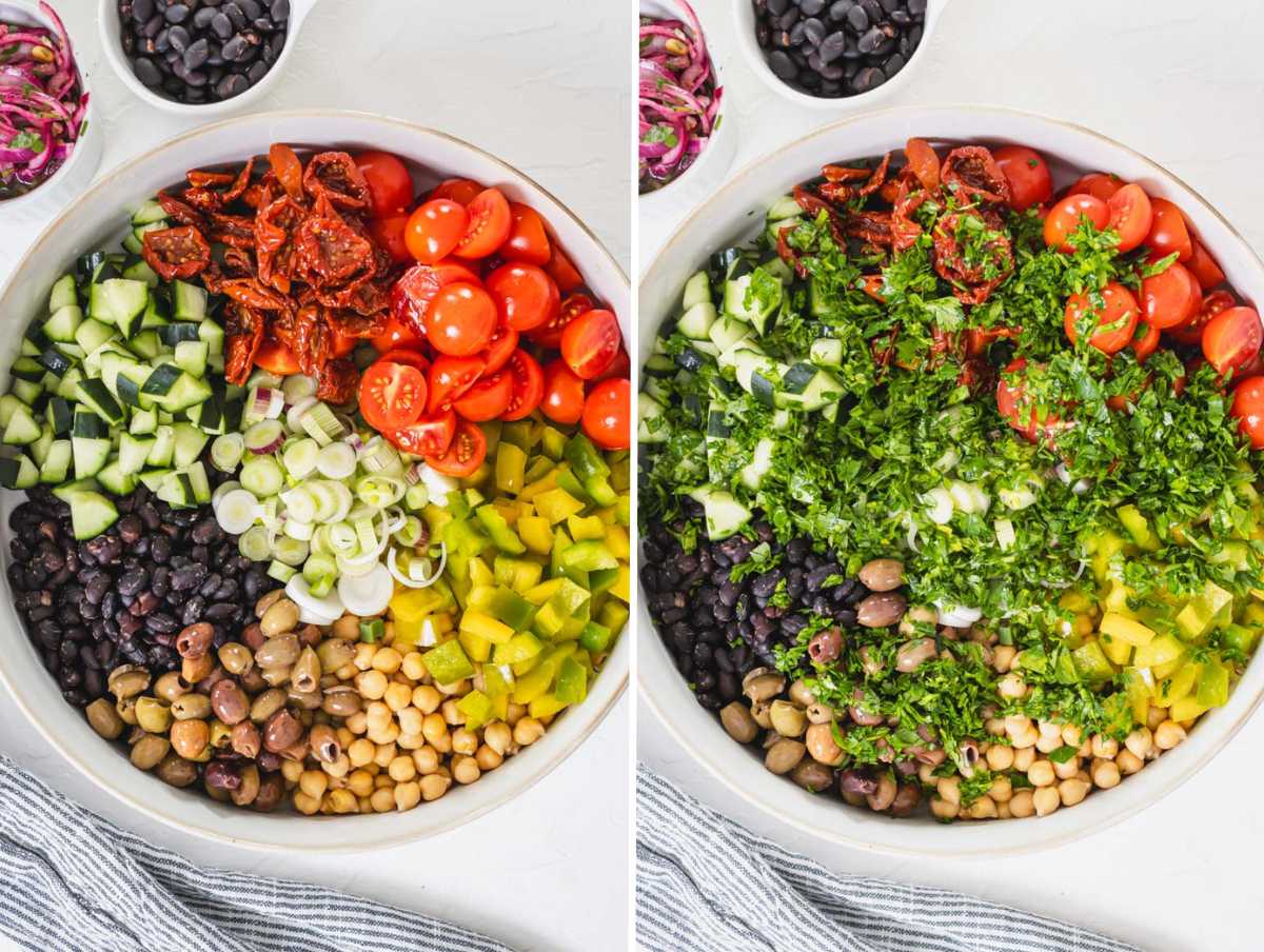Ingredients for mediterranean salad chopped up and put in a mixing bowl.