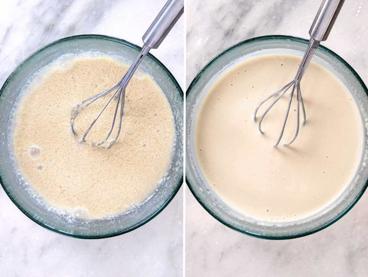 Making of tahini sauce in a small bowl.