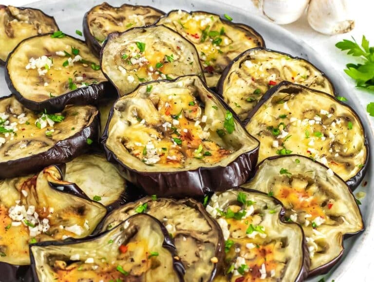 Roasted eggplant with vinaigrette.