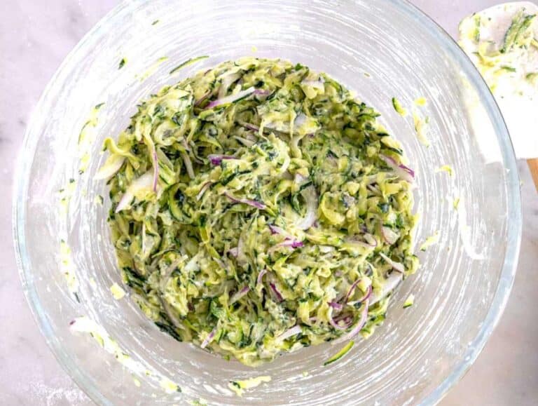 Step 3 Zucchini batter in a mixing bowl.