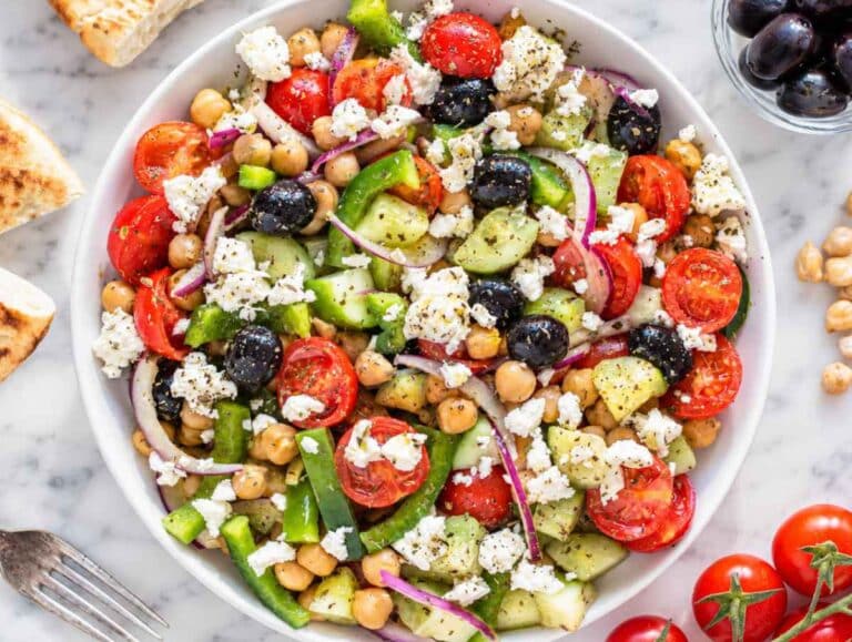 Step 4 Greek chickpea salad served with homemade warm pita.