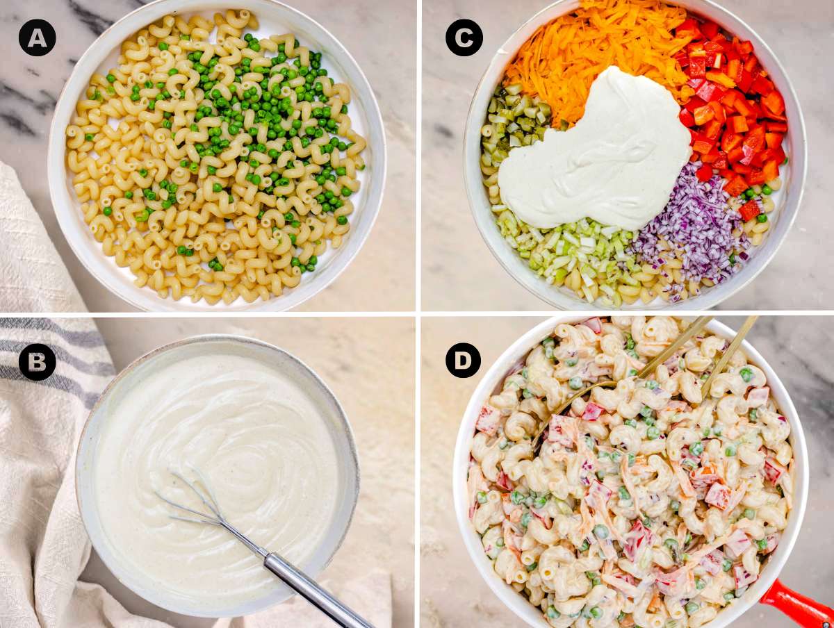 Step picture showing how to make macaroni salad.
